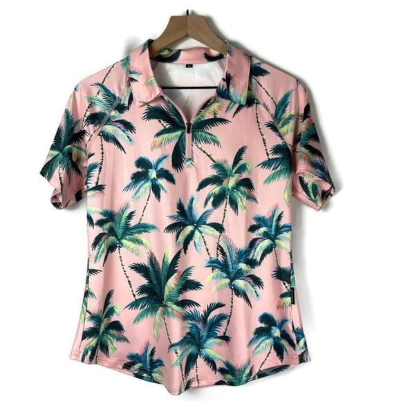 Women's Cute Pink Tropical Print Polo Golf Shirt Size Medium Vacation Activewear - Picture 1 of 7